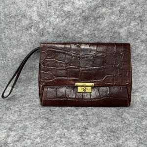 Vintage Fossil Leather Clutch Croc Embosssed Brown‎ Handbag Twist Lock Wristlet